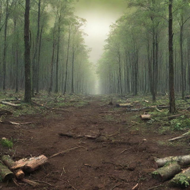 An HD, modern-style environmental protest poster vividly illustrating human-caused deforestation and environmental destruction. Stressing on the stark contrast between untouched lush green forests and barren, devastated lands.