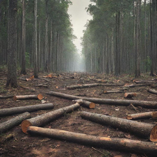 An HD, modern-style environmental protest poster vividly illustrating human destruction and deforestation, featuring humans actively cutting down trees. Contrast the vibrant, untouched forest with the devastated areas where deforestation is taking place.