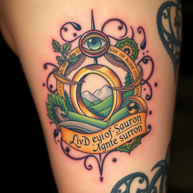 A beautifully crafted tattoo design inspired by the Lord of the Rings, featuring iconic elements such as the One Ring, the Shire landscape, the Eye of Sauron, and Elvish script