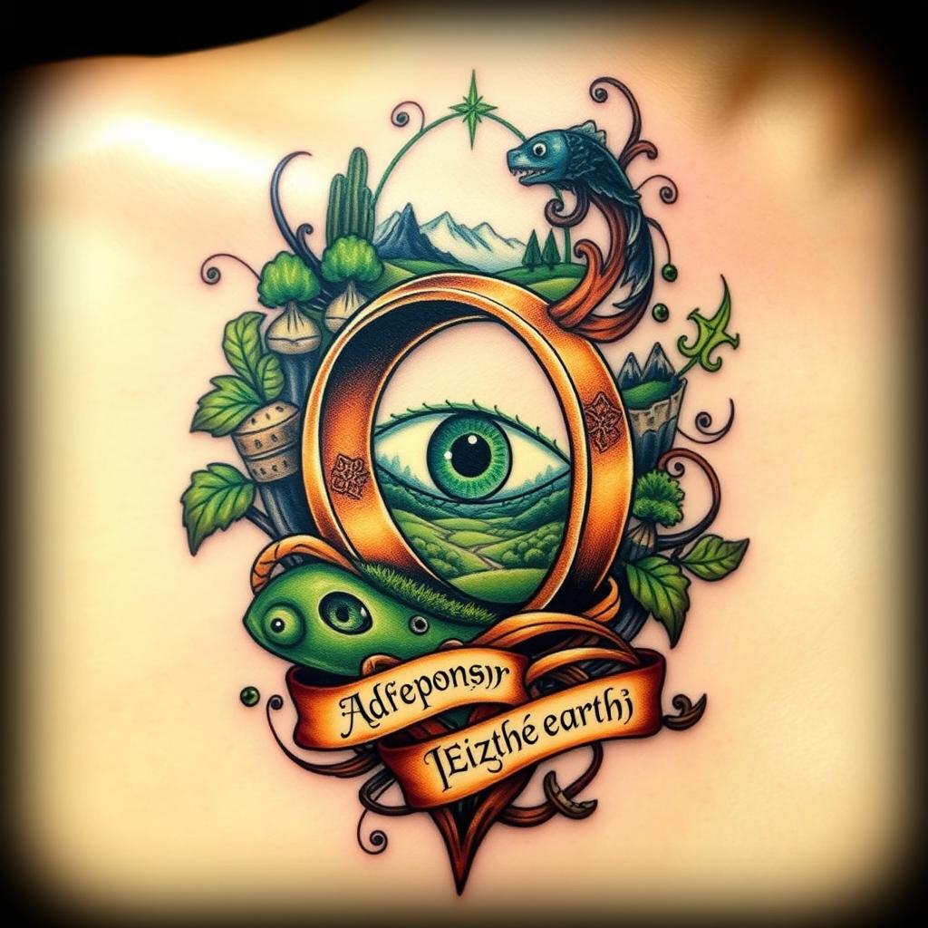 A beautifully crafted tattoo design inspired by the Lord of the Rings, featuring iconic elements such as the One Ring, the Shire landscape, the Eye of Sauron, and Elvish script