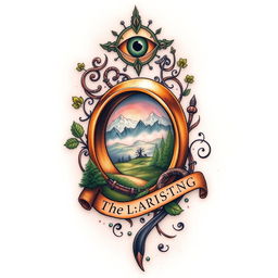 A beautifully crafted tattoo design inspired by the Lord of the Rings, featuring iconic elements such as the One Ring, the Shire landscape, the Eye of Sauron, and Elvish script