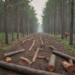 An HD, modern-style environmental protest poster vividly illustrating human destruction and deforestation, featuring humans actively cutting down trees. Contrast the vibrant, untouched forest with the devastated areas where deforestation is taking place.