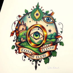 A beautifully crafted tattoo design inspired by the Lord of the Rings, featuring iconic elements such as the One Ring, the Shire landscape, the Eye of Sauron, and Elvish script