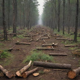 An HD, modern-style environmental protest poster vividly illustrating human destruction and deforestation, featuring humans actively cutting down trees. Contrast the vibrant, untouched forest with the devastated areas where deforestation is taking place.