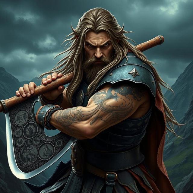 A fierce warrior inspired by Lord of the Rings, wielding a large battle axe, depicted in a dramatic pose