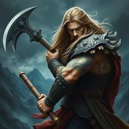 A fierce warrior inspired by Lord of the Rings, wielding a large battle axe, depicted in a dramatic pose