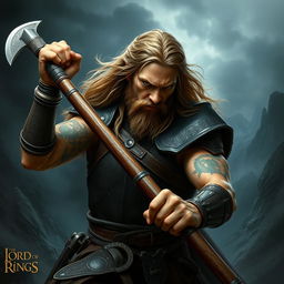 A fierce warrior inspired by Lord of the Rings, wielding a large battle axe, depicted in a dramatic pose