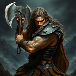 A fierce warrior inspired by Lord of the Rings, wielding a large battle axe, depicted in a dramatic pose