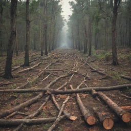 An HD, modern-style environmental protest poster vividly illustrating human destruction and deforestation, featuring humans actively cutting down trees. Contrast the vibrant, untouched forest with the devastated areas where deforestation is taking place.