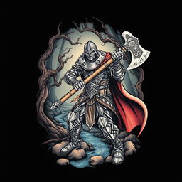 A neotraditional tattoo design featuring a valiant warrior wielding a massive axe, inspired by epic fantasy themes reminiscent of 'The Lord of the Rings'