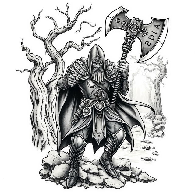 A neotraditional tattoo design featuring a valiant warrior wielding a massive axe, inspired by epic fantasy themes reminiscent of 'The Lord of the Rings'