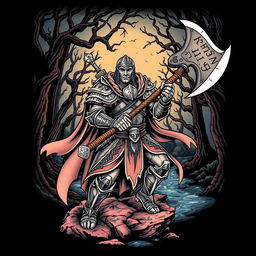A neotraditional tattoo design featuring a valiant warrior wielding a massive axe, inspired by epic fantasy themes reminiscent of 'The Lord of the Rings'