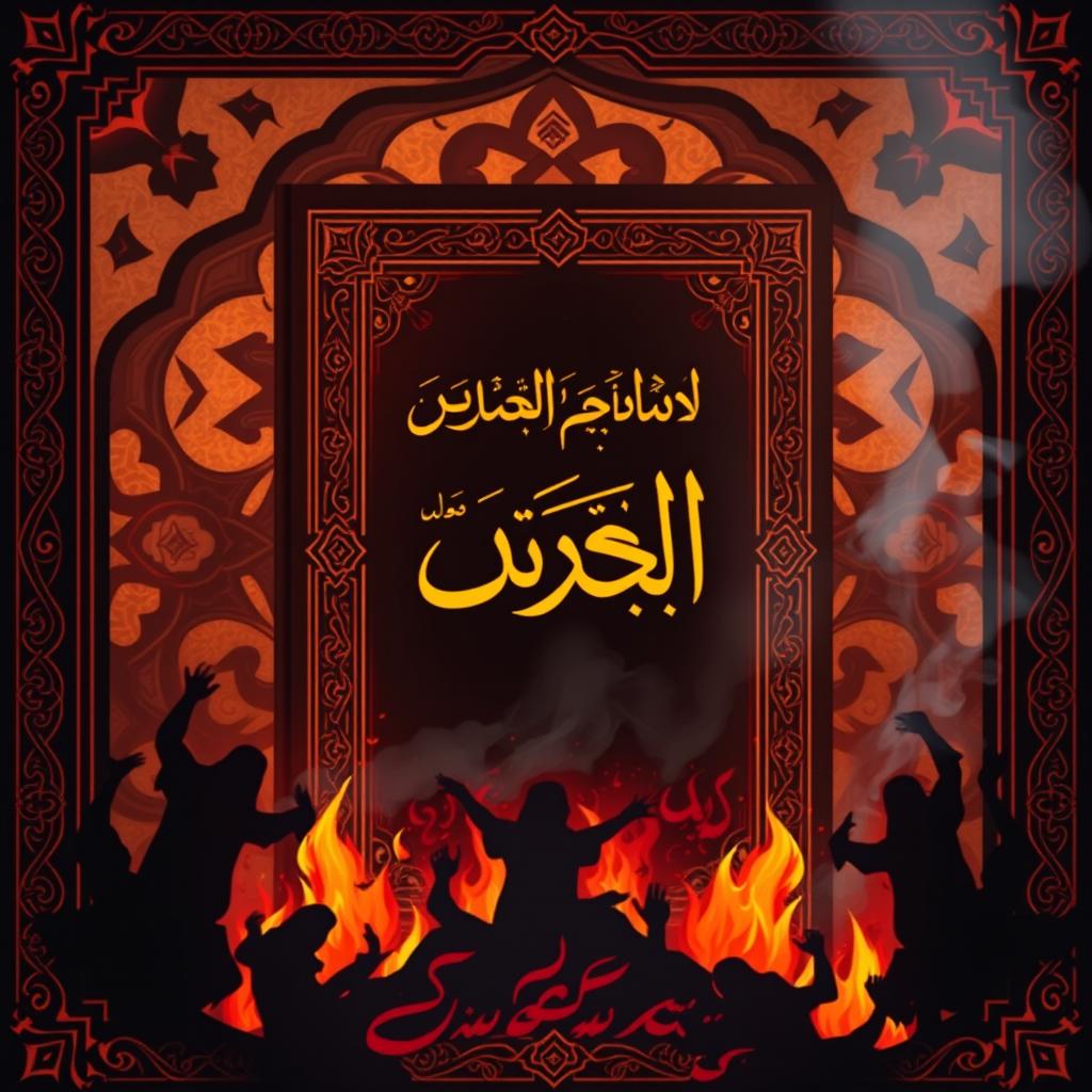 A book cover designed in an Islamic artistic style, depicting the theme of hell