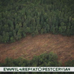 An HD, modern-style environmental protest poster showcasing a significant number of humans engrossed in deforestation activities. Depict the painful contrast between the undisturbed, rich green forest and the large devastated patches where trees are being cut down.