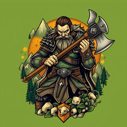 A neo-traditional tattoo design featuring a warrior inspired by the Lord of the Rings universe, wielding a large battle axe