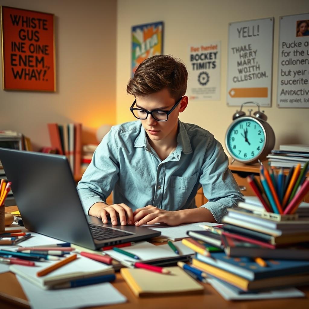 A student sitting at a desk cluttered with stationery, typing rapidly on a laptop while glancing at a clock showing a countdown of 20 minutes