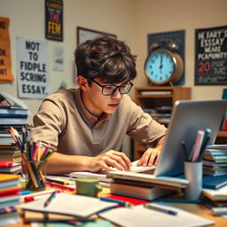 A student sitting at a desk cluttered with stationery, typing rapidly on a laptop while glancing at a clock showing a countdown of 20 minutes