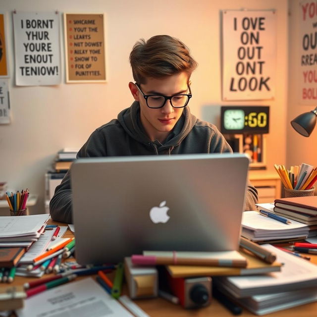 A student sitting at a desk cluttered with stationery, typing rapidly on a laptop while glancing at a clock showing a countdown of 20 minutes