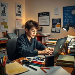 A student sitting at a desk cluttered with stationery, typing rapidly on a laptop while glancing at a clock showing a countdown of 20 minutes