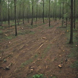 An HD, modern-style environmental protest poster showcasing a significant number of humans engrossed in deforestation activities. Depict the painful contrast between the undisturbed, rich green forest and the large devastated patches where trees are being cut down.