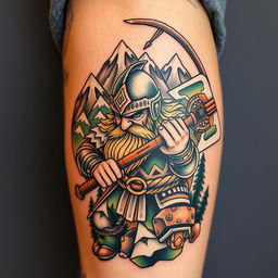 A neo-traditional tattoo design featuring a dwarf warrior inspired by the Lord of the Rings universe, wielding a large battle axe while also having a bow and arrows prominently displayed above