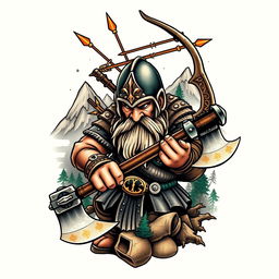 A neo-traditional tattoo design featuring a dwarf warrior inspired by the Lord of the Rings universe, wielding a large battle axe while also having a bow and arrows prominently displayed above