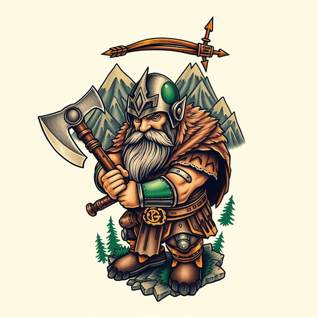 A neo-traditional tattoo design featuring a dwarf warrior inspired by the Lord of the Rings universe, wielding a large battle axe while also having a bow and arrows prominently displayed above