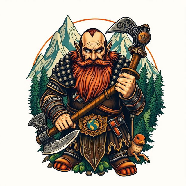 A neo-traditional tattoo design depicting a dwarf warrior from the Lord of the Rings universe, prominently featured with a massive battle axe in hand