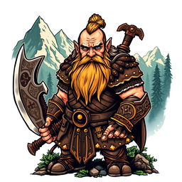 A neo-traditional tattoo design depicting a dwarf warrior from the Lord of the Rings universe, prominently featured with a massive battle axe in hand