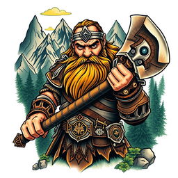 A neo-traditional tattoo design depicting a dwarf warrior from the Lord of the Rings universe, prominently featured with a massive battle axe in hand