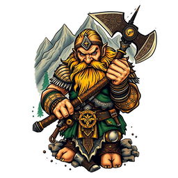 A striking neo-traditional tattoo design featuring a dwarf warrior from the Lord of the Rings universe, expertly holding a massive battle axe