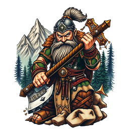 A striking neo-traditional tattoo design featuring a dwarf warrior from the Lord of the Rings universe, expertly holding a massive battle axe