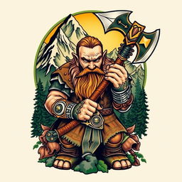 A striking neo-traditional tattoo design featuring a dwarf warrior from the Lord of the Rings universe, expertly holding a massive battle axe