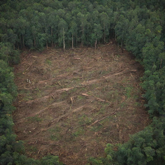 An HD, modern-style environmental protest poster showcasing a significant number of humans engrossed in deforestation activities. Depict the painful contrast between the undisturbed, rich green forest and the large devastated patches where trees are being cut down.