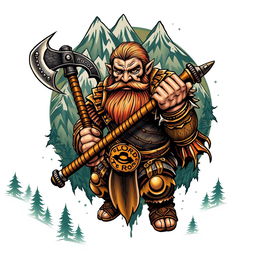 A captivating neo-traditional tattoo design showcasing a dwarf warrior from the Lord of the Rings universe, powerfully holding a large battle axe