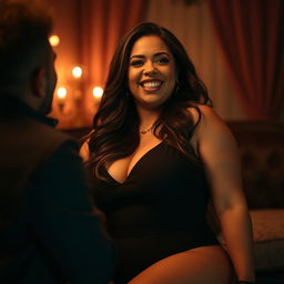 A curvy woman with an alluring smile and voluptuous figure, playfully engaging in an intimate moment, creating a sensual atmosphere