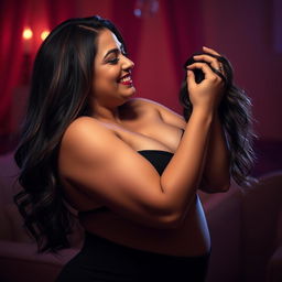 A curvy woman with an alluring smile and voluptuous figure, playfully engaging in an intimate moment, creating a sensual atmosphere