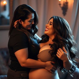 A curvy woman with an alluring smile and voluptuous figure, playfully engaging in an intimate moment, creating a sensual atmosphere