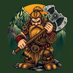 A captivating neo-traditional tattoo design showcasing a dwarf warrior from the Lord of the Rings universe, powerfully holding a large battle axe