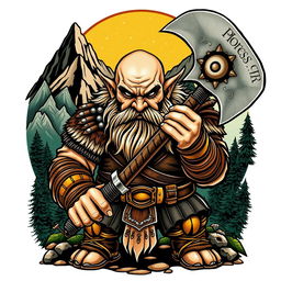 A captivating neo-traditional tattoo design showcasing a dwarf warrior from the Lord of the Rings universe, powerfully holding a large battle axe
