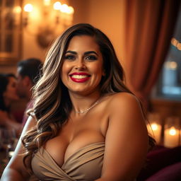 A curvy woman with a confident presence and bright smile, depicted in an intimate setting, focusing on playful expressions and sensuality