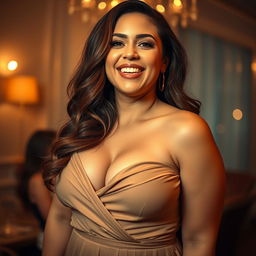 A curvy woman with a confident presence and bright smile, depicted in an intimate setting, focusing on playful expressions and sensuality
