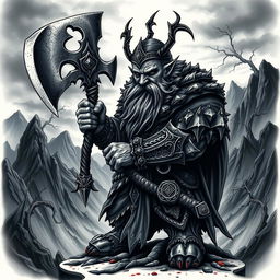 A captivating neo-traditional tattoo design featuring a dark-themed dwarf warrior from the Lord of the Rings universe, wielding a massive battle axe