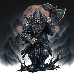 A captivating neo-traditional tattoo design featuring a dark-themed dwarf warrior from the Lord of the Rings universe, wielding a massive battle axe