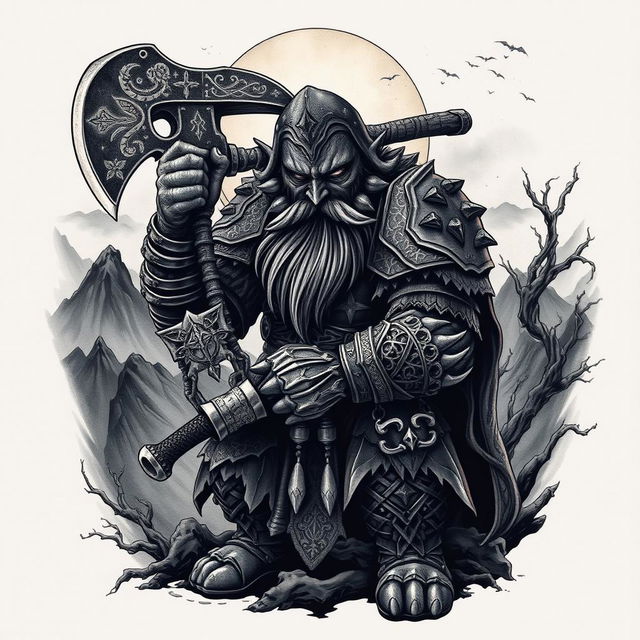 A captivating neo-traditional tattoo design featuring a dark-themed dwarf warrior from the Lord of the Rings universe, wielding a massive battle axe