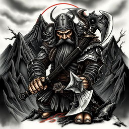 A captivating neo-traditional tattoo design featuring a dark-themed dwarf warrior from the Lord of the Rings universe, wielding a massive battle axe