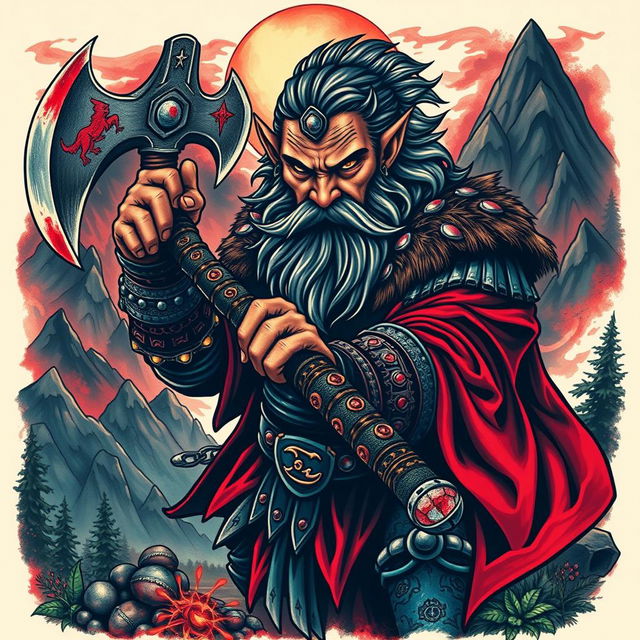 A captivating neo-traditional tattoo design depicting a dwarf warrior from the Lord of the Rings universe, dramatically wielding a large battle axe