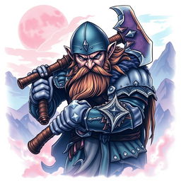 A captivating neo-traditional tattoo design depicting a dwarf warrior from the Lord of the Rings universe, dramatically wielding a large battle axe