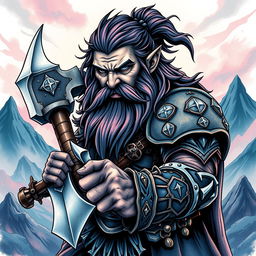 A captivating neo-traditional tattoo design depicting a dwarf warrior from the Lord of the Rings universe, dramatically wielding a large battle axe