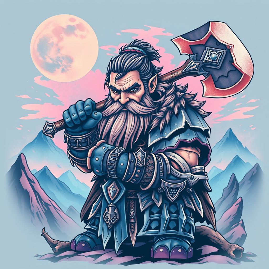 A captivating neo-traditional tattoo design depicting a dwarf warrior from the Lord of the Rings universe, dramatically wielding a large battle axe